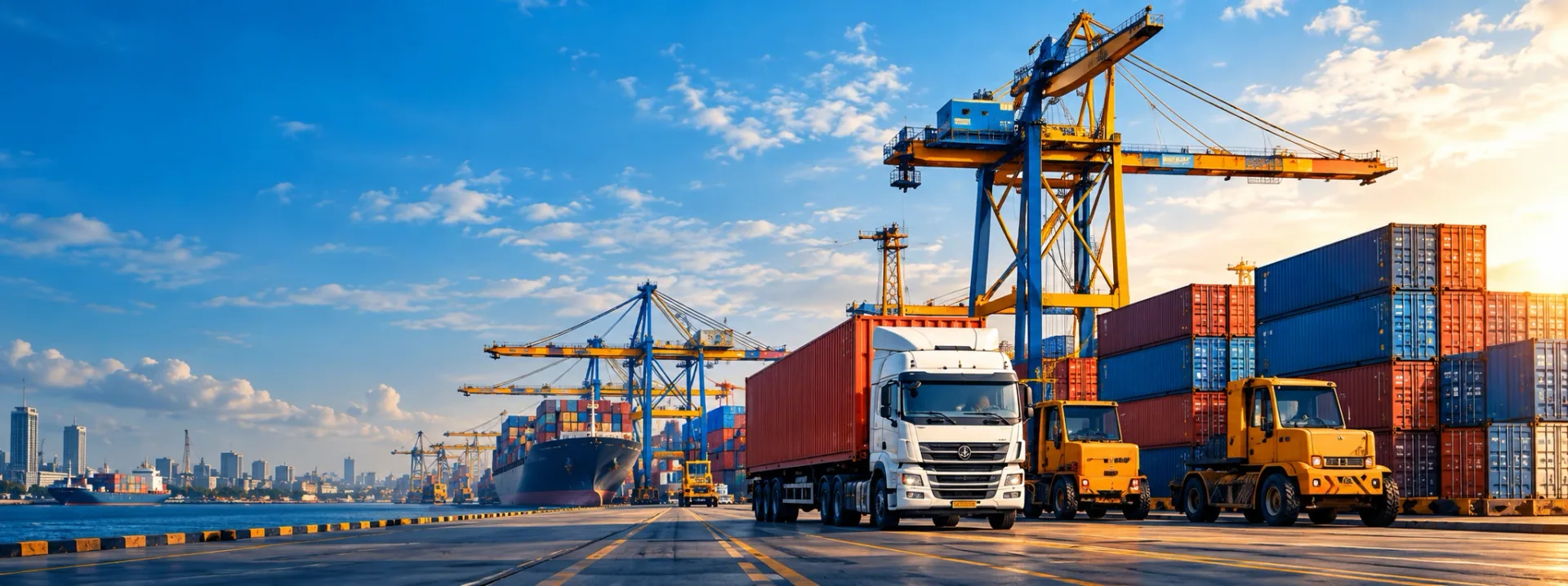 Container port with cranes, cargo ship and trucks